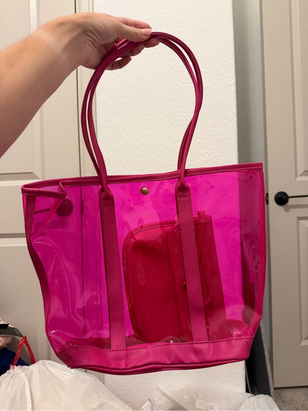 Pink Transparent Tote Bag with Removable Pouch